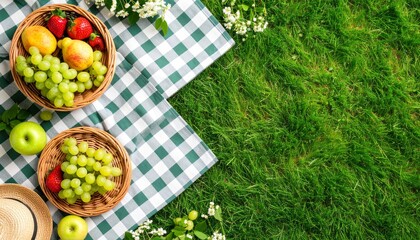 Top-down view of a summer picnic setup on a checkered blanket, providing a blank canvas for adding text and creating custom designs