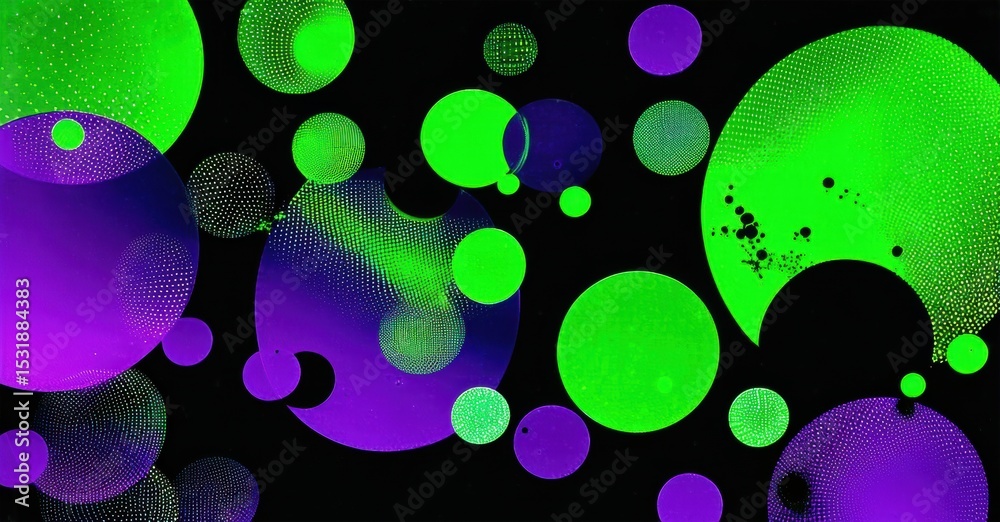 Poster abstract composition featuring vibrant green, purple circles. dots create textured effect against da