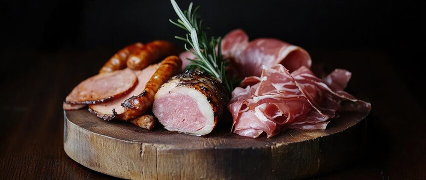 Assorted cured meats on a rustic wooden board