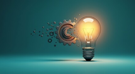 A brightly glowing light bulb next to gears symbolizes innovation, problem-solving, and the mechanics behind new ideas and inventions.