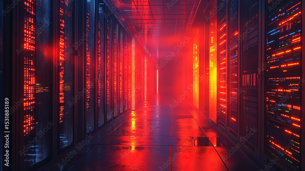 Wall mural high tech data center with glowing lights along corridor of modern server racks in operation