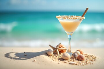 Refreshing cocktail by the ocean beach setting drink photography tropical environment close-up view summer vibes