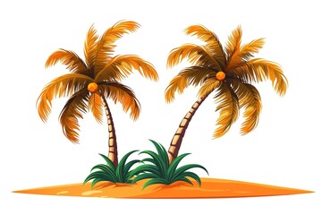 Tropical island illustration featuring two palm trees lush greenery and sandy shoreline