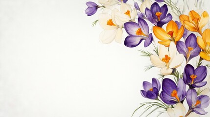 16.An enchanting wedding invitation featuring clusters of crocus flowers in rich purple, yellow, and white tones, interwoven with subtle greenery and softly fading into the white background.