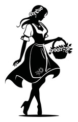 Elegant Silhouette of Woman with Basket of Flowers in Floral Dress Design