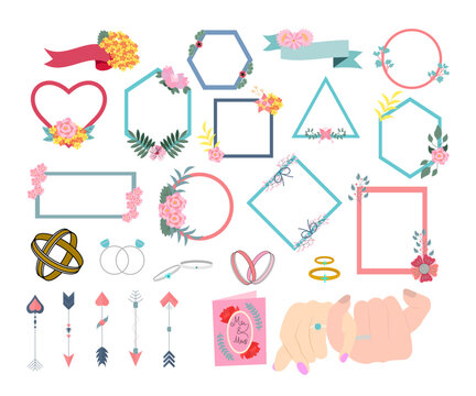 Vector set of wedding elements illustration including rings flowers cakes and romantic icons perfect for invitations and celebration designs