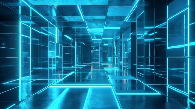 Digital 3D rendering of a technology inspired interior with smooth metallic squares and glowing blue highlights creating a futuristic atmosphere