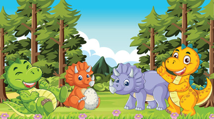 Playful Dinosaurs in a Forest Setting