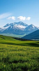 Fototapeta premium Spring Alpine Splendor: Green Meadows, Snowy Peaks and Azure Sky in High - Res, Natural - Light Panorama