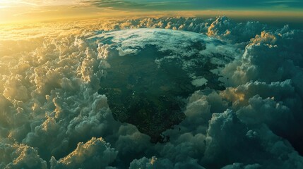 Obraz premium Elevated view of a landmass enveloped in dramatic clouds.