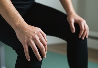 Obraz premium Sweaty Hands Resting on Knees After Intense Workout