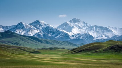 Spring Alpine Splendor: Green Meadows, Snowy Peaks and Azure Sky in High - Res, Natural - Light Panorama