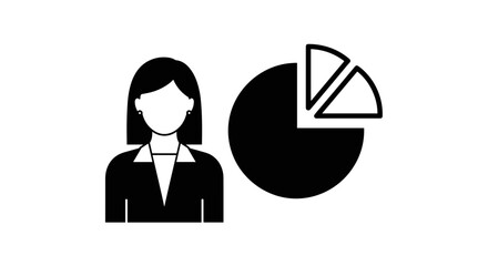 Businesswoman next to a pie chart illustration on a transparent background