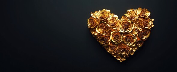 Golden heart-shaped bouquet of roses on a black background