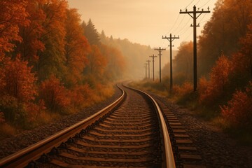 Fototapeta premium Autumn Railway Texture: Scenic Tracks Amidst Lush Foliage