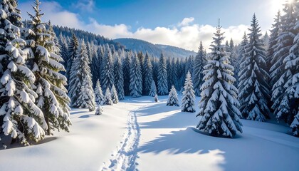Snowy winter forest path
