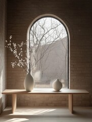 A minimalist, light-filled room with an arched window