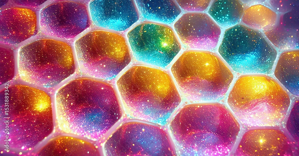 Poster hexagonal cells filled with colorful galaxies. vibrant hues create cosmic honeycomb pattern. bright,