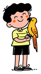 Happy Boy Enjoying Time with a Colorful Parrot in a Playful Illustration