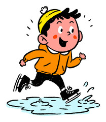 Happy Boy Skating on Ice with Colorful Hat and Orange Jacket Design