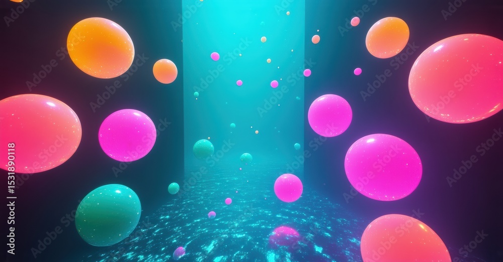 Poster vibrant spheres float within dark space. bright colors create playful, dreamy atmosphere. light illu