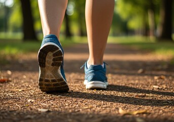 Close-up of a Person's Feet in Blue Sneakers Walking on a Park Path