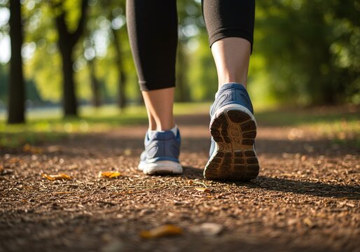 Low-Angle View of Running Shoes on a Trail in a Sunny Park Setting