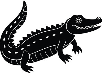 Stylized black and white cartoon illustration of an alligator or crocodile