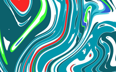 Abstract vibrant teal, white, red and green marble pattern. Swirling liquid paint texture background. Modern art design for print, web, or textile.