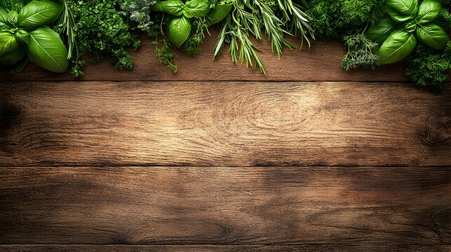 Fresh herbs on rustic wooden background culinary photography