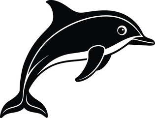 Black silhouette of a dolphin jumping out of the water on white