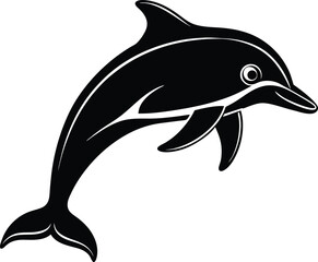 Black and white stylized illustration of a dolphin jumping gracefully upwards