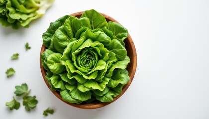 Fototapeta premium fresh, juicy lettuce arranged neatly in the center of the frame, inside an eco friendly wooden bowl, isolated on pure white background