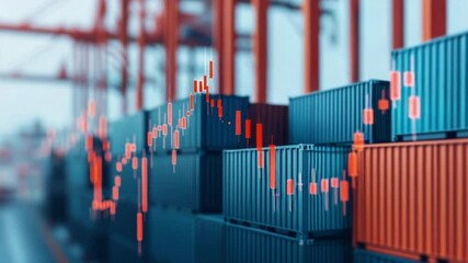 Shipping containers stacked at a port with an overlaid financial chart symbolizing global trade and market trends. - Powered by Adobe