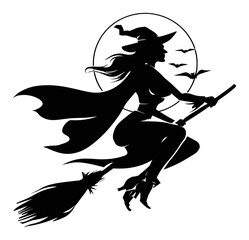 Elegant Witch Silhouette Flying on Broomstick with Moon and Bats