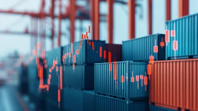 Shipping containers stacked at a port with an overlaid financial chart symbolizing global trade and market trends. - Powered by Adobe
