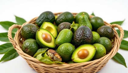 fresh, juicy avocados arranged neatly in the center of the frame, inside an eco friendly bamboo basket, isolated on pure white background