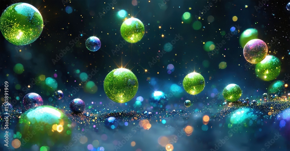 Poster vibrant orbs float amidst dark space. glittering particles create magical, dreamy atmosphere. colors