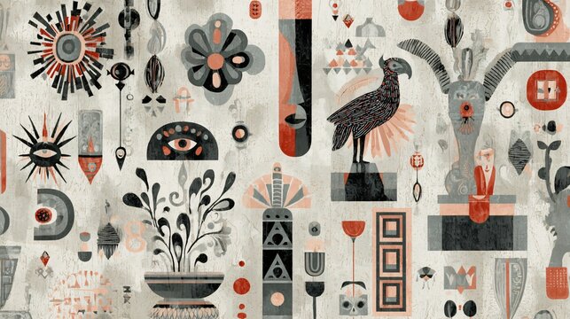 Detailed abstract wallpaper with cultural motifs and symbolic imagery in a textured vintage style.