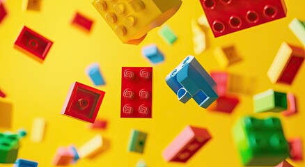 Colorful plastic building blocks in mid-air against a bright yellow background (1)