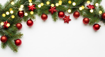 Christmas fir branches red baubles stars and fairy lights on white Festive holiday decoration