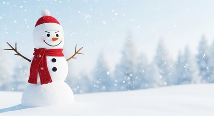 Fototapeta premium Cheerful snowman in red hat and scarf snowy winter landscape background