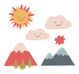 Cheerful Cartoon Elements Featuring Happy Sun and Smiling Mountains