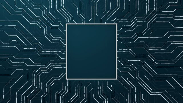 Animated circuit board. Digital technology background. Central computer processor CPU concept. Motherboard digital chip. PCB with free copy space for text or logo. Development 3D abstract backdrop