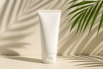 Skincare Tube with Palm Shadow: A sleek, minimalist skincare tube, bathed in the soft, natural light of a tropical scene.  Subtle shadows cast by elegant palm fronds lend a touch of the exotic.