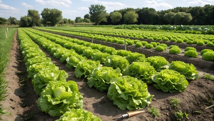 Iceberg lettuce growing fresh in field under morning natural light