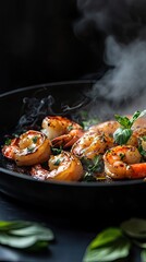 Fototapeta premium Grilled shrimp in a hot pan, steam rising