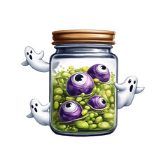 Glass jar with green sticky slime with purple eyes covered with a wooden lid and ghots flying around creating a spooky Halloween atmosphere