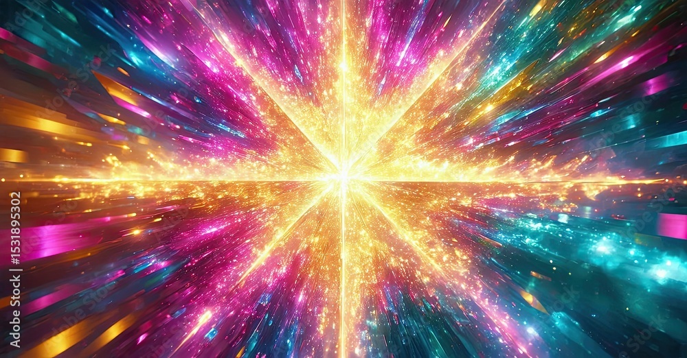 Poster bright explosion radiates energy. vivid colors streak outward from central point, creating dynamic v