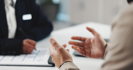 Hands, doctor and patient with prescription at clinic, writing or discussion for healthcare...